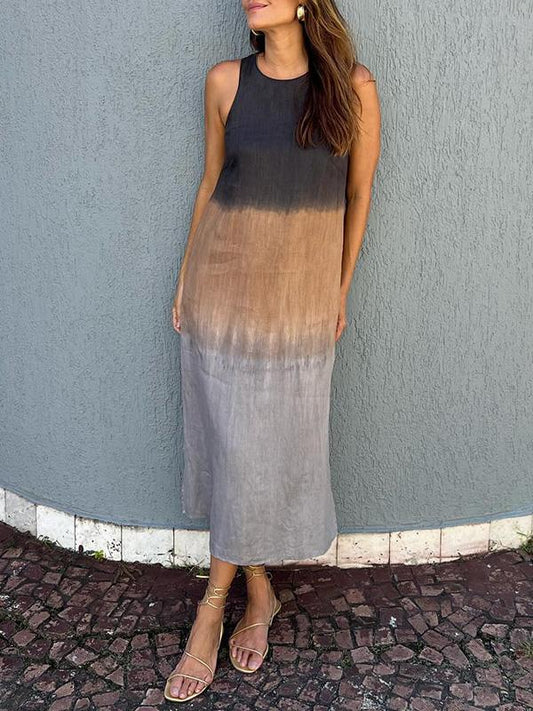 💃BIG SALE ONLY TODAY! - Women's casual cotton and linen sleeveless slit gradient tie-dye long dress
