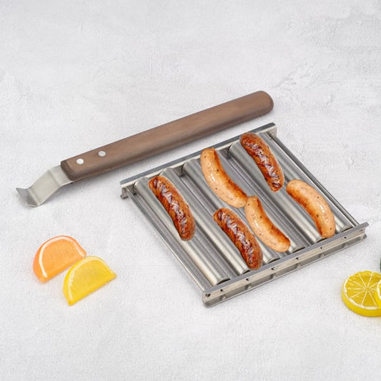 🔥Hot Sale Stainless Steel BBQ Hot Dog Rack with Wooden Handle