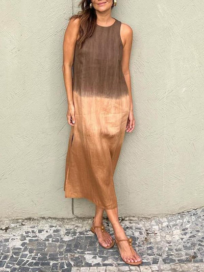 💃BIG SALE ONLY TODAY! - Women's casual cotton and linen sleeveless slit gradient tie-dye long dress