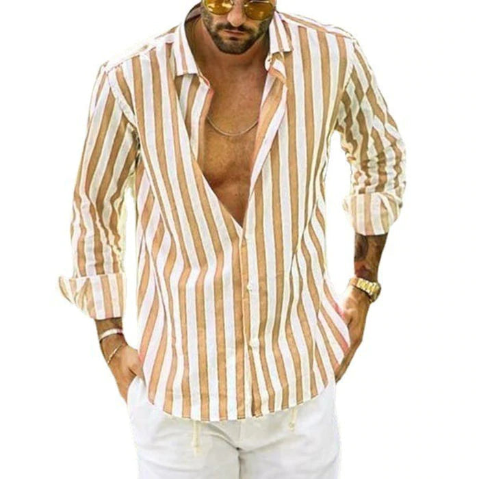 Men's Cotton Linen Striped Button Down Long Sleeve-7