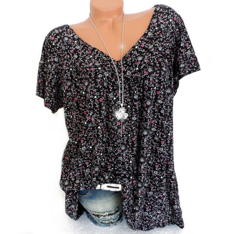 Summer V-neck Loose Short sleeve Print Casual Women's T shirt-1
