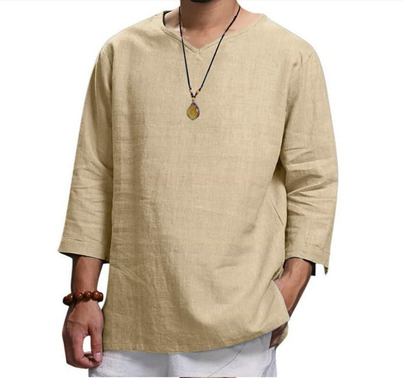 Men's Long-sleeved V-neck Linen Loose Shirt-3