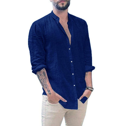 Breathable Men's Cotton Linen Henley Shirt-7