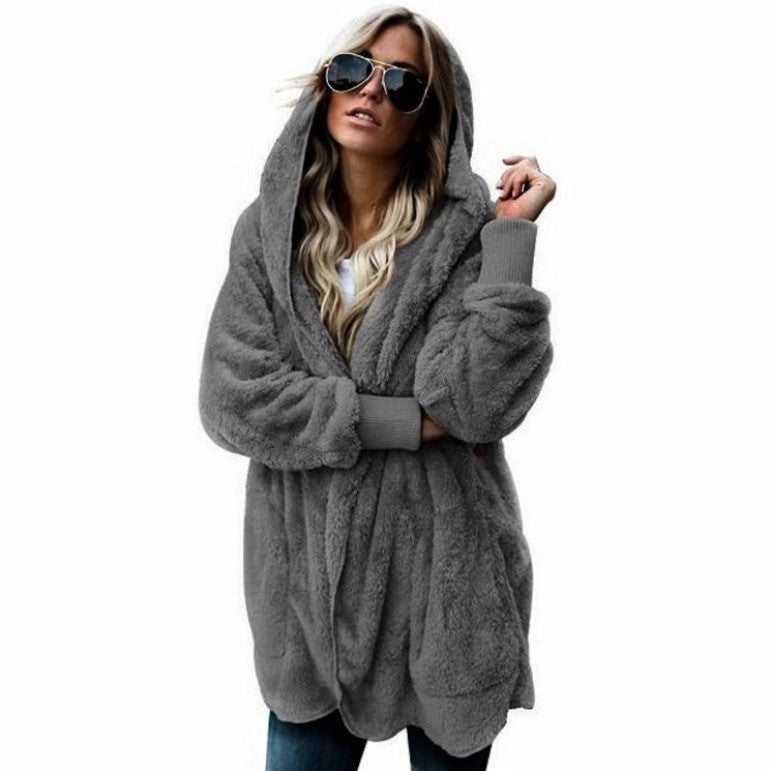 Svendita natalizia con sconti del 50%Cardigan con cappuccio in peluche da donna con tasche