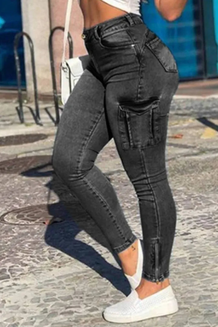 Flap Pocket Zipper Side Skinny Jeans-9