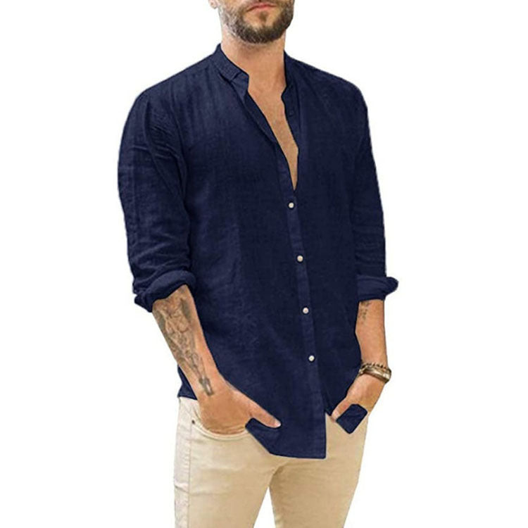 Breathable Men's Cotton Linen Henley Shirt-4