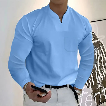 Men's Casual Solid Color Long Sleeve Cotton T-Shirt With Pocket-3