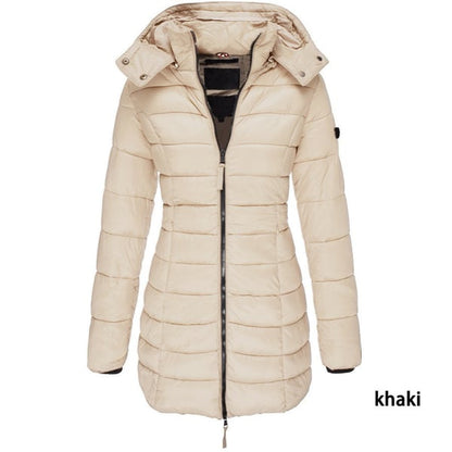 Winter women's mid-length padded jacket warm solid color hooded jacket-6