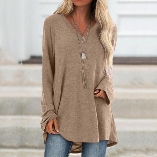 ⏳Last day for 50% off⏳Solid color leisure large size V-neck loose pullover long sleeves mid-length models