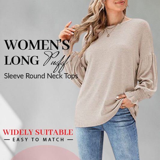 Women's Long Puff Sleeve Round Neck Tops