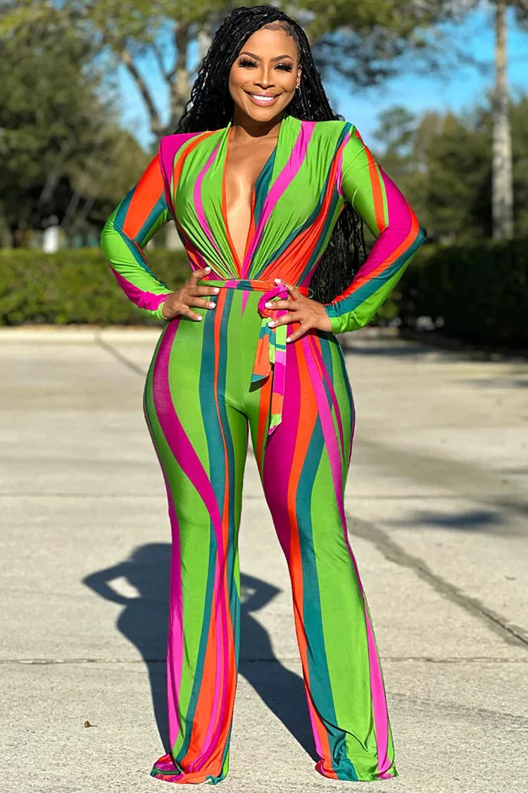 DEEP V NECK SHOULDER PAD PATTERN PRINT LONG SLEEVE JUMPSUIT