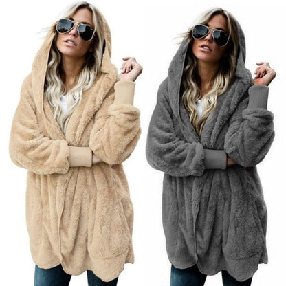 🔥Venda quente de Natal 50% de desconto🔥Feminino inverno Plush Hoodie Cardigans com bolsos