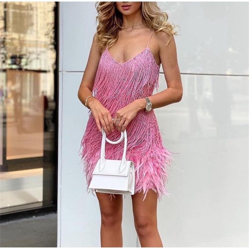 Women's Feather Fringe Sequin Strap Dress