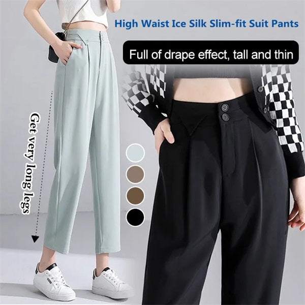 High Waist Ice Silk Slim-fit Suit Pants