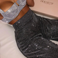 Summer Solid High Waist Flare Shiny Sequin Wide Leg Pants-3