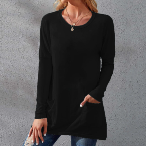 Women Casual Long Sleeve T-Shirt with Round Neck Pocket-1