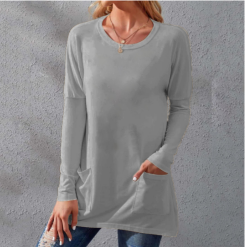 Women Casual Long Sleeve T-Shirt with Round Neck Pocket-2