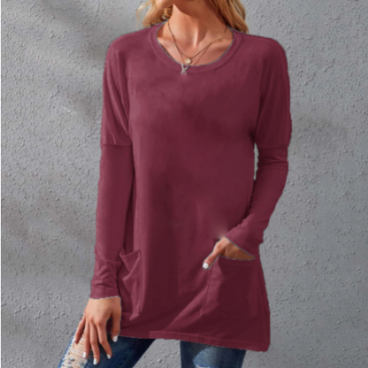 Women Casual Long Sleeve T-Shirt with Round Neck Pocket-3