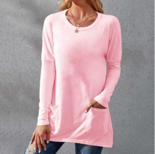 Women Casual Long Sleeve T-Shirt with Round Neck Pocket-4