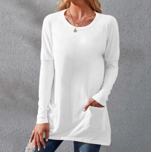 Women Casual Long Sleeve T-Shirt with Round Neck Pocket-6