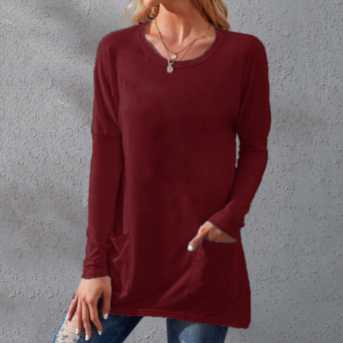 Women Casual Long Sleeve T-Shirt with Round Neck Pocket-9