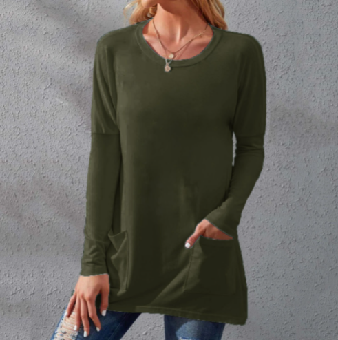 Women Casual Long Sleeve T-Shirt with Round Neck Pocket-11