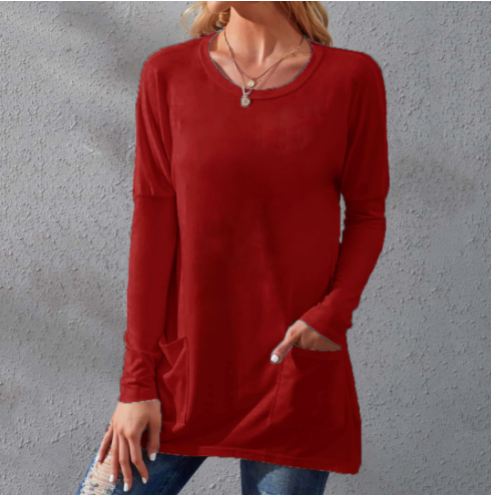 Women Casual Long Sleeve T-Shirt with Round Neck Pocket-12