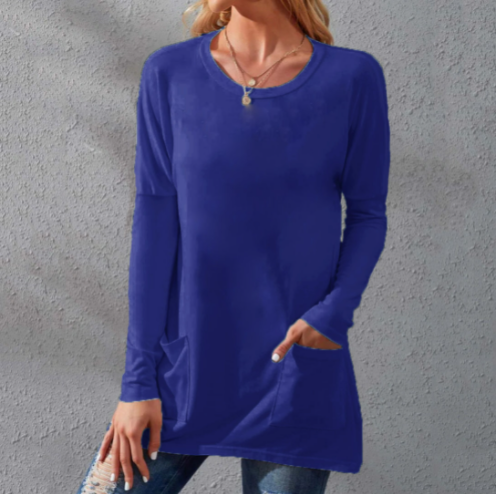 Women Casual Long Sleeve T-Shirt with Round Neck Pocket-13