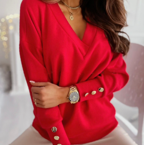 Solid Color Cuff Button Top V-Neck Knit Sweater-3