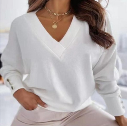 Solid Color Cuff Button Top V-Neck Knit Sweater-5