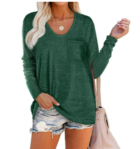 Solid Color Pocket Crew Neck Long Sleeve T-Shirt-2