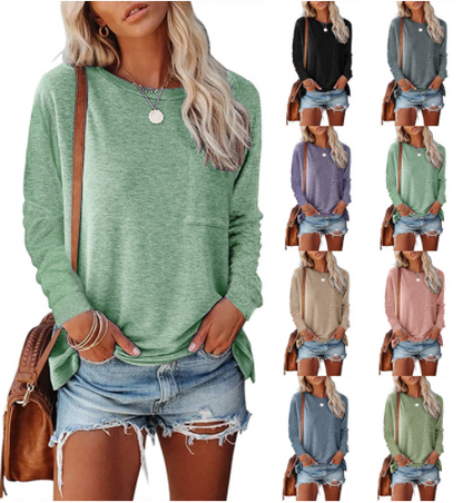 Ladies Round Neck Pocket Slit Long Sleeve Casual Loose T-Shirt