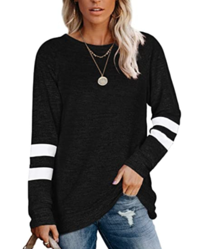 Ladies Long Sleeve Contrast Patchwork V-Neck Loose Casual T-Shirt Top-1