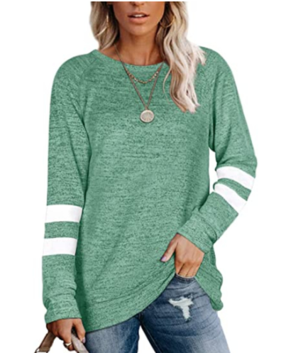 Ladies Long Sleeve Contrast Patchwork V-Neck Loose Casual T-Shirt Top-2