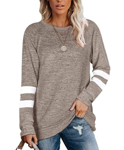 Ladies Long Sleeve Contrast Patchwork V-Neck Loose Casual T-Shirt Top-4