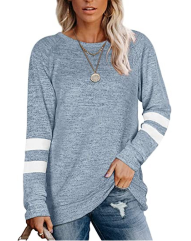 Ladies Long Sleeve Contrast Patchwork V-Neck Loose Casual T-Shirt Top-5