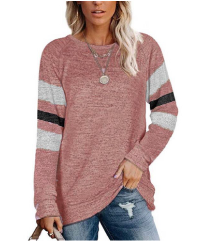 Ladies Long Sleeve Contrast Patchwork V-Neck Loose Casual T-Shirt Top-8