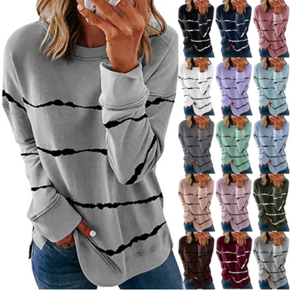 Printed Striped Crewneck Loose Long Sleeve T-Shirt