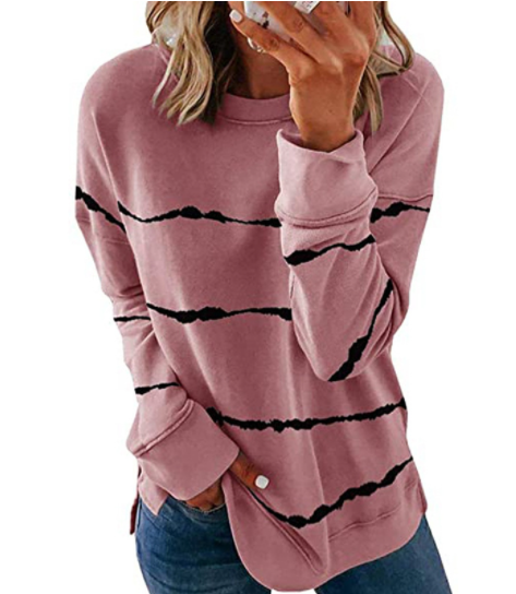 Printed Striped Crewneck Loose Long Sleeve T-Shirt-3