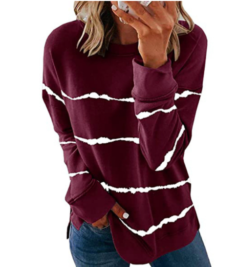 Printed Striped Crewneck Loose Long Sleeve T-Shirt-4