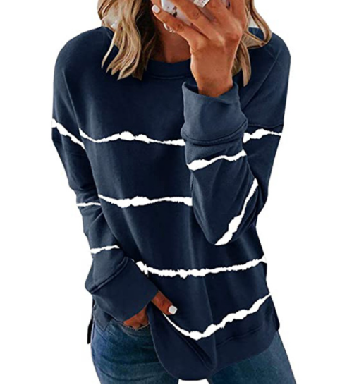 Printed Striped Crewneck Loose Long Sleeve T-Shirt-5