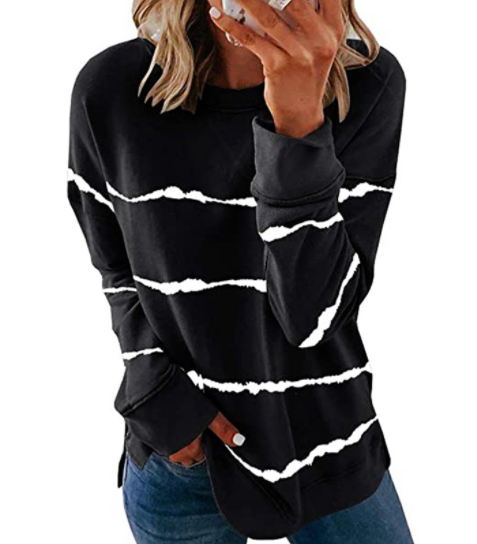 Printed Striped Crewneck Loose Long Sleeve T-Shirt-6