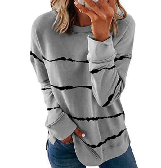 Printed Striped Crewneck Loose Long Sleeve T-Shirt-7