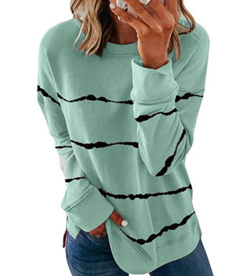 Printed Striped Crewneck Loose Long Sleeve T-Shirt-8