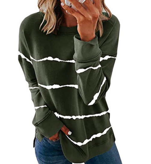 Printed Striped Crewneck Loose Long Sleeve T-Shirt-12