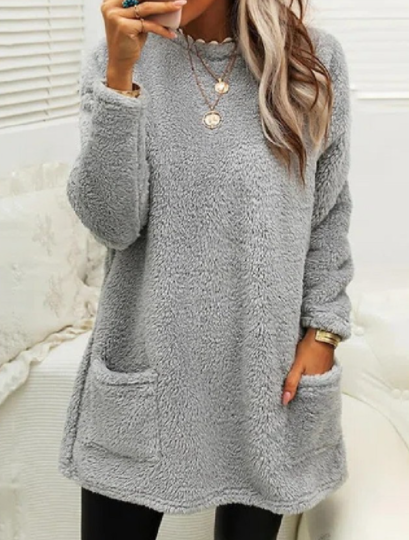 Pocket Crew Neck Casual Warm Long Sleeve T-Shirt Dress-1