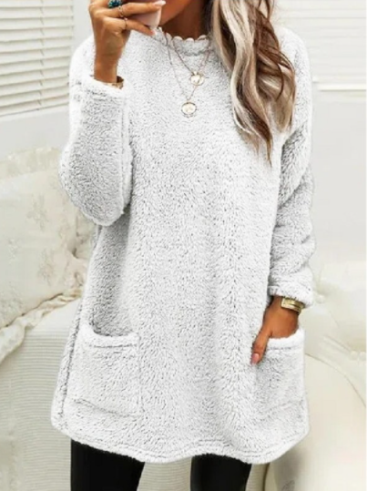 Pocket Crew Neck Casual Warm Long Sleeve T-Shirt Dress-2