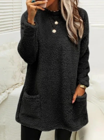 Pocket Crew Neck Casual Warm Long Sleeve T-Shirt Dress-3