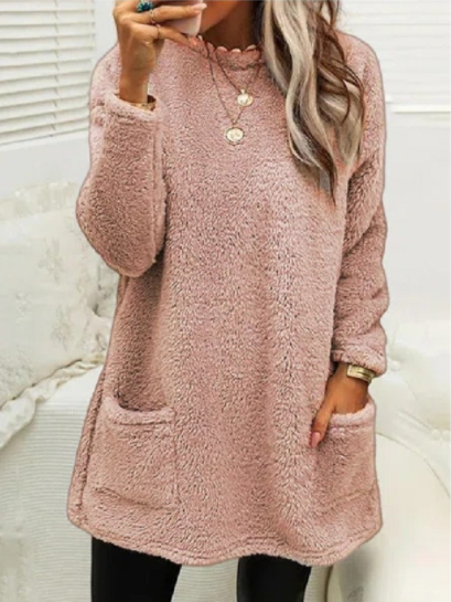 Pocket Crew Neck Casual Warm Long Sleeve T-Shirt Dress-4