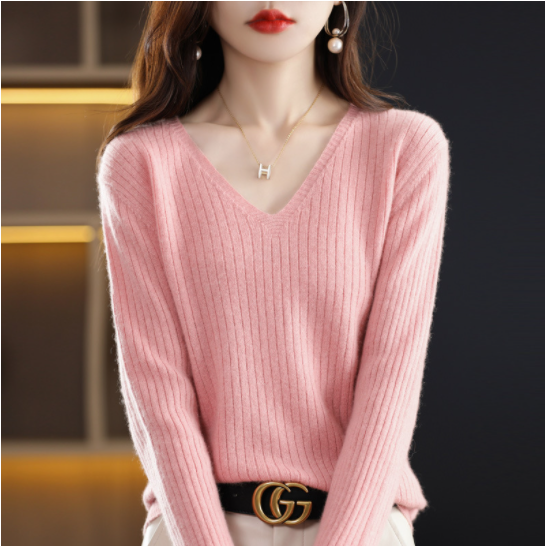 V-Neck Pullover Long Sleeve Solid Color Cashmere Sweater-1